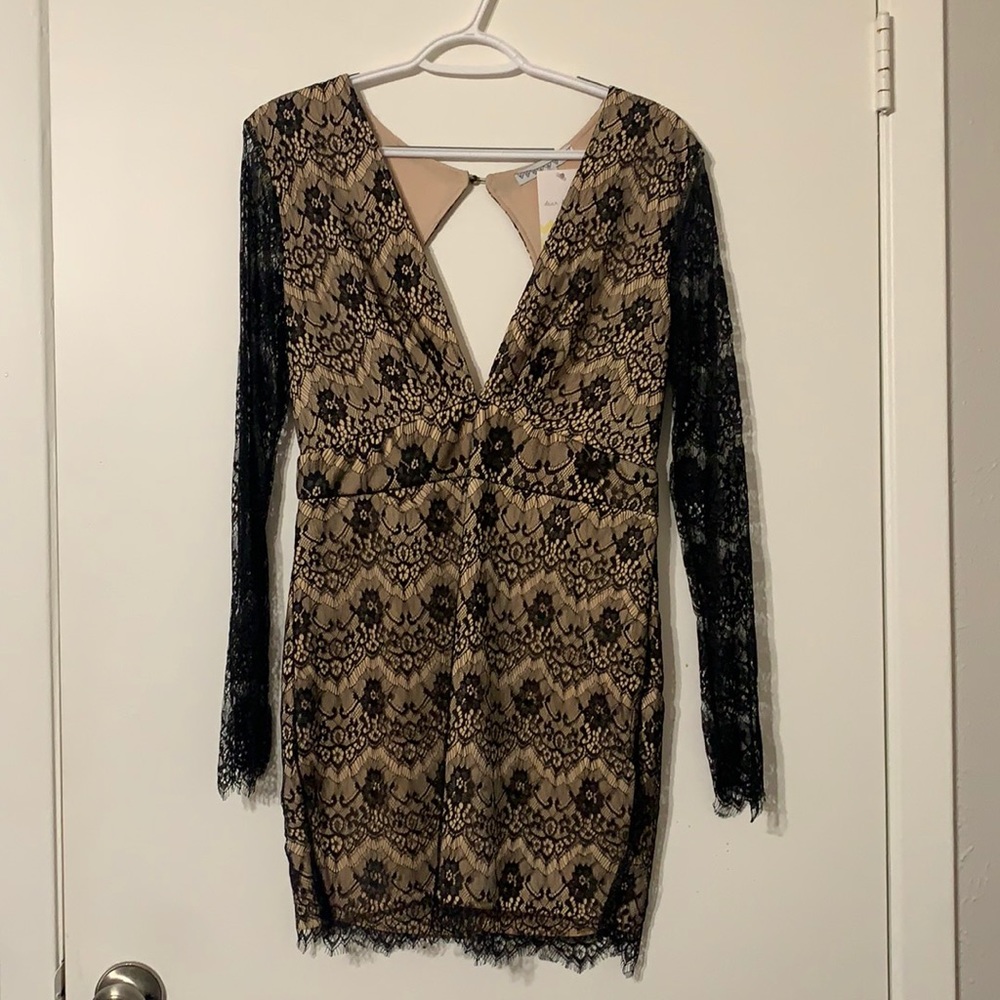 Confetti | nude & black lace mini dress NWT